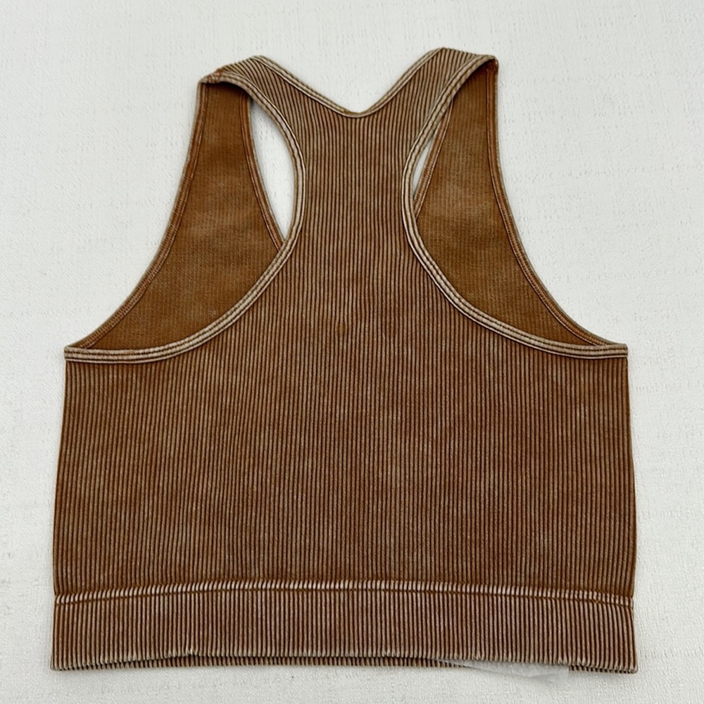 Deep Camel Stone Washed Cropped Ribbed Racerback Tank by Zenana - Picture 8 of 9